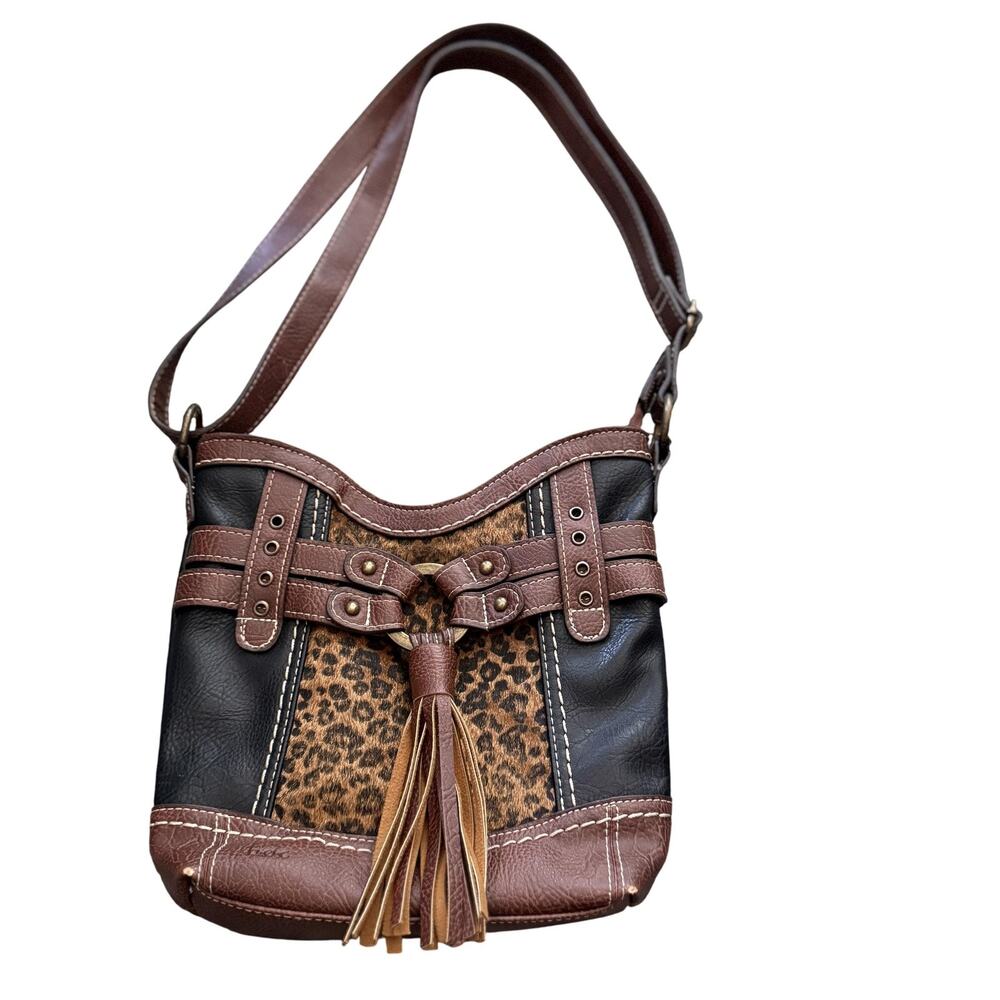 b.o.c Crossbody Purse Womens Brown Black Cheetah Animal Print Tassel Boho Bag